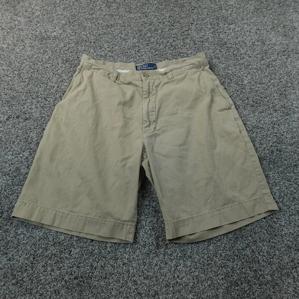 VTG Polo Ralph Lauren Shorts Mens 32 Beige Tan Brown Chino Khaki Golf Flat Front